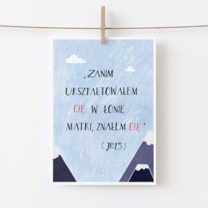 Kartka okolicznościowa z cytatem z Pisma Świetego, przygotowana z okazji narodzin dziecka.