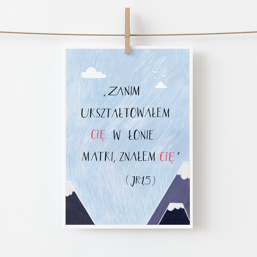 Kartka okolicznościowa z cytatem z Pisma Świetego, przygotowana z okazji narodzin dziecka.